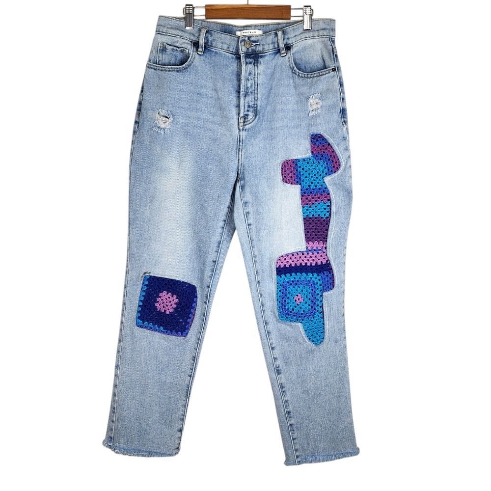 Upcycled PacSun Jeans Handmade Crochet Granny Square Accents Sz 28